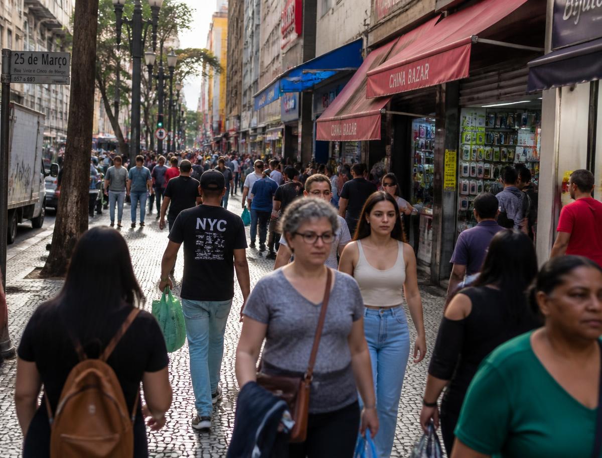 Rua 25 de Março movimentada ao entardecer, com lojas e pedestres